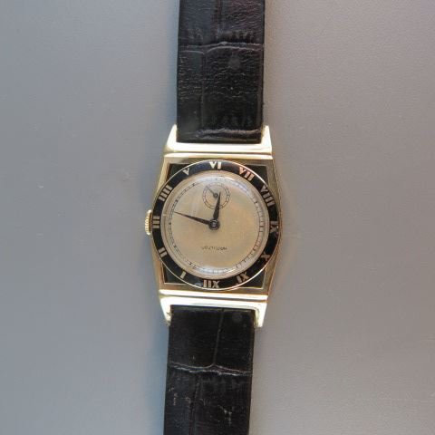 Hamilton 14k Gold "Piping Rock" Man's Wristwatch,: black enamel, scarce vintage yellow gold with leather band, working, opened it case marked Hamilton Watch Company #S54472 with a S&W (within a box) lots of old jewelers numbers lightly engraved inside