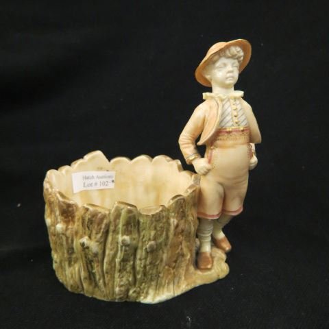 Royal Worcester Porcelain Figural Planter,: boy next to natural tree form, 6" , 1890's, excellent.