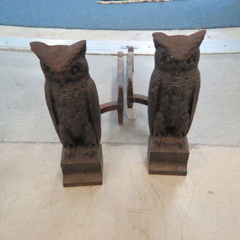 Antique Figural Cast Iron Owl Andirons,: 16" tall, all original.