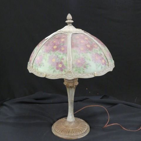 Rainaud Antique Slag Glass Lamp,: reverse handpainted florals on 16" shade...H.E. Rainaud Co. made lamps in Meriden, Connecticut, from about 1916 until 1930. Rainaud’s specialties were table and floor lamps with heavy metal bases an