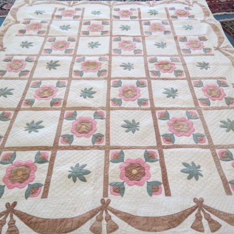 Antique Handmade Quilt, floral and garland,: brown, green and chintz on eggshell, 102" X 88".