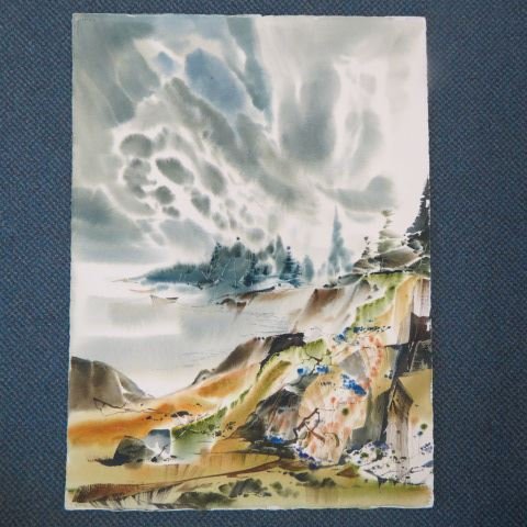 Lawrence Philip Sisson, watercolor,: "Clouds & Wildflowers", 22" x 30", well listed artist, unframed...Biography from Leslie Levy Fine Art, Inc.: Laurence Sisson's coastal paintings and desert landscapes reflect his love and fascination 