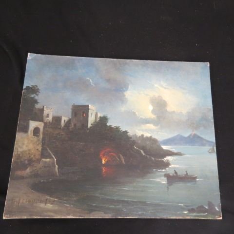 Professor F. Mario Ciappa, oil,: scenes with boats approaching a waterfront cave, castle above, volcano in distance, on artist board, 16" x 19", unframed, listed artist. Carlo Ciappa (1800 - 1900)