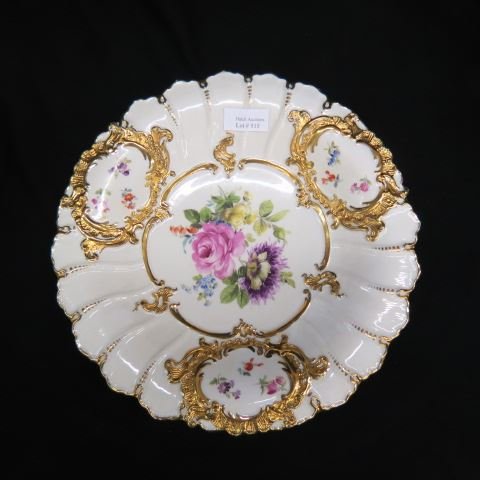 Meissen Handpainted Porcelain Bowl,: elegant florals and elaborate gold work, 12" diameter, crossed swords mark.