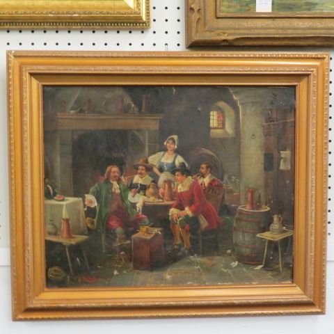 A. Zanetti, oil, tavern scene: with men smoking & drinking, barmaid looking on, image area 21" x 16", on canvas, listed artist.