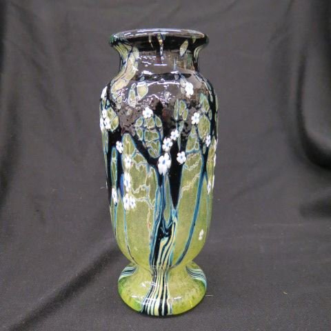 Orient & Flume Art Glass Vase,: flowering vine & bubble style, 8 1/2", signed, excellent..Orient & Flume produces fine art glass for the collector. These signed pieces capture nature's inspiration in both iridescent and crystal clea