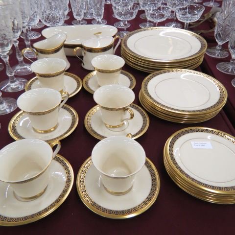 33 pcs. Lenox "Tudor" China Service for 6,: blue & gold band on ivory, with servers, excellent.