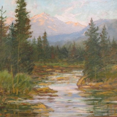 David Stirling, oil on board, Western landscape: with stream, image area 24" x 22"...This information is being provided by Greig Steiner of Estes Park, Colorado. Greig is the court appointed appraiser for the estate of Dave Stirling, was an associat