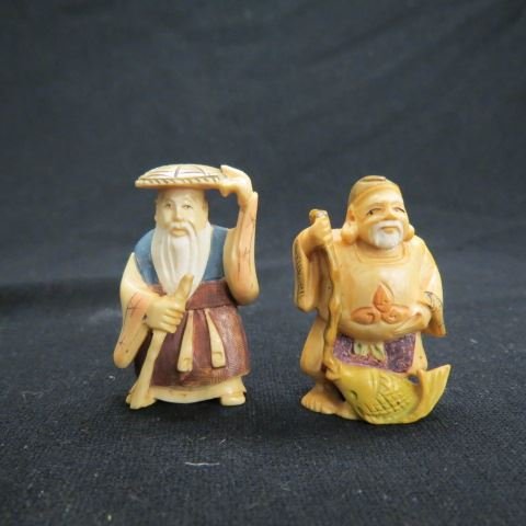 2 Carved Ivory Netsukes,: fisherman and old man with hat, colorful polychrome trim, 2", signed, excellent.