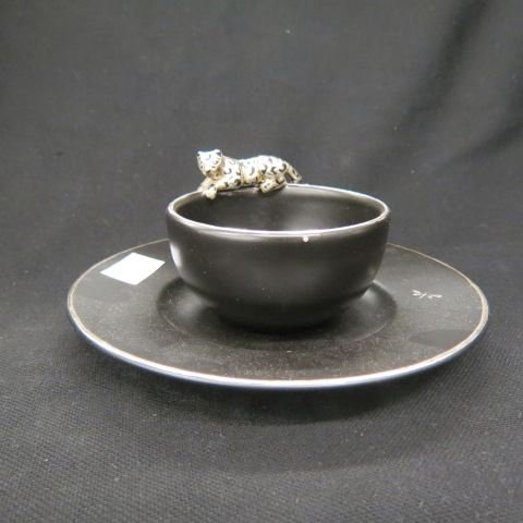 Emilia Castillo Sterling & Pottery Cup & Saucer,: figural leopard on cup, dragonflies on saucer, black, famous Mexican artist, excellent....Emilia Castillo Bio Emilia Castillo, home decor and jewelry designer, is the daughter of the renowned Mexican 