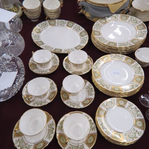 38pcs. Royal Crown Derby "Green Derby Panel": China, heavy goldwork, dated 1931, service for 6 with extras & servers, excellent.
