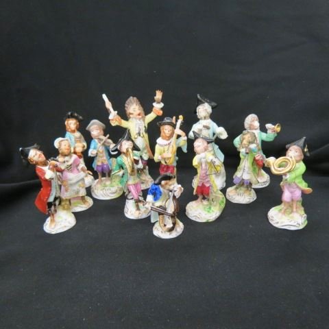 13 pc. German Porcelain Figural Monkey Band,: Royal Rudostadt, Dresden & others, 3 1/2" to 5 1/2", some have loss, nice large group.
