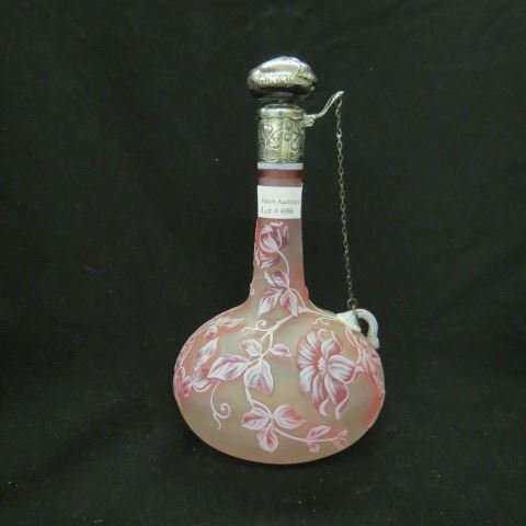 Webb English Cameo Art Glass Bottle,: elaborate floral, red & white on clear, ornate sterling top by Gorham, 9" tall....Thomas Webb & Sons was an English glass company, founded in 1837 by Thomas Webb (1804-1869) near Stourbridge, England.