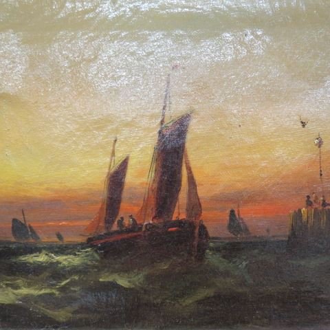 Antique Oil Painting of Ships at Sunset,: figures to the right, on canvas, image area 10" x 8", late 19th century.