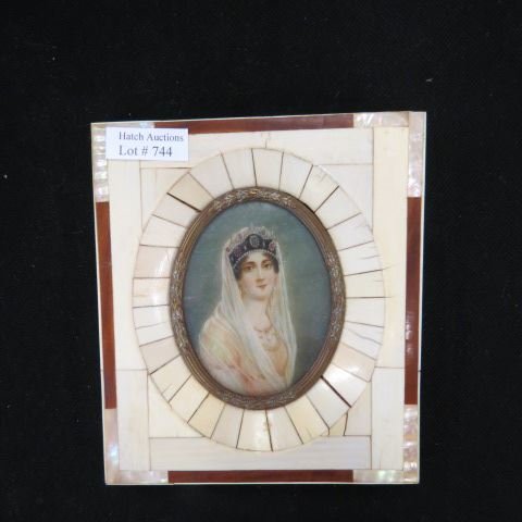Miniature Painting Portrait on Ivory of a Queen,: oval, 3" x 2 1/2", in ivory, tortoise shell & abalone frame, late 19th century.