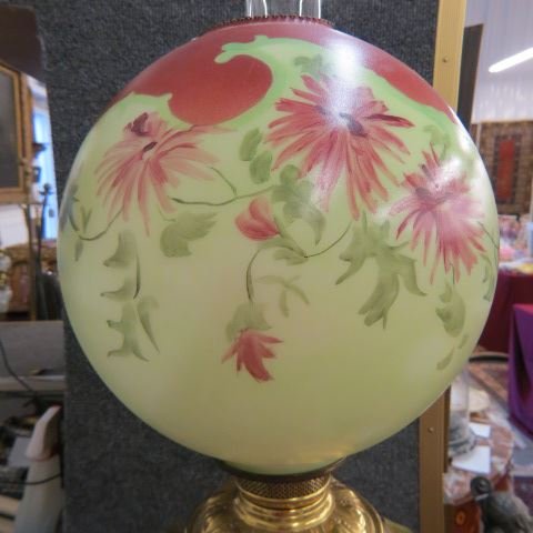 19th Century Piano Lamp,: brass with ornate design & tri-footed base, paw feet handpainted glass glove, adjustable height, a beautiful example.
