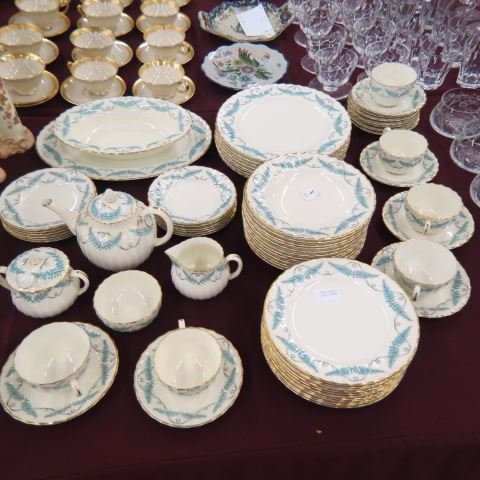 68 pc. Royal Worcester "Ferncroft" China Service,: with tea set and servers, turquoise fern, gold trim, appears unused.