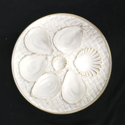 Royal Worcester Porcelain Oyster Plate,: fancy shell shapes on basket weave, ivory with gold trim, 8 1/2", signed, excellent.
