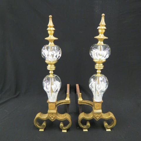 St. Clair Art Glass & Brass Andirons,: art glass paperweight style floral & brass, 23" tall.