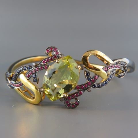 Lemon Citrine, Ruby & Sapphire Bracelet,: rich gems in gold & silver Mogul bangle setting.
