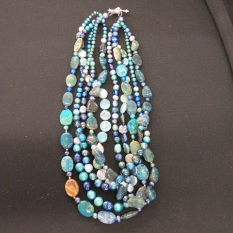 Gemstone & Pearl Necklace,: five strands with agates, abalone, pearls & more, sterling clasp, up to 22" long.