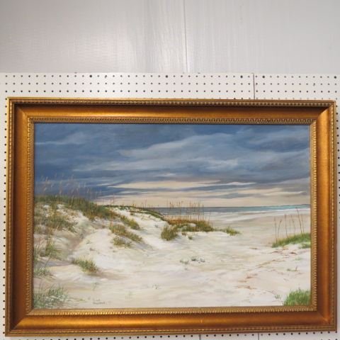 Pearl Sheldrick, oil,: sand dunes and seagrass, on board, image area 37" x 25", listed Asheville artist.