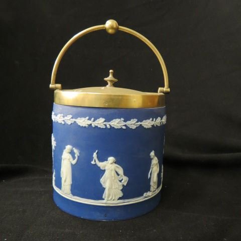 Wedgwood Blue Jasperware Biscuit Jar,: classical figures in the garden 8 1/2", signed,