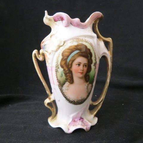 R.S. Prussia Porcelain Portrait Vase,: oval medallion with maiden, Royal Vienna mark, 6".