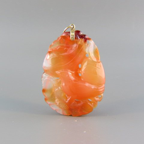 Chinese Carved Carnelian Pendant,: bird & foliage decor, 14k bale, 1 5/8" x 1 1/2".