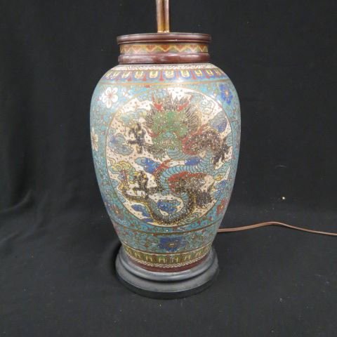 Japanese Champleve Bronze Lamp,: dragon decor, 12" body.