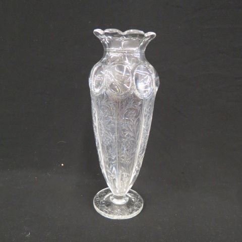 Steuben or Stevens & Williams Cut & Engraved: Glass Vase, floral with blown-out oval medallions above, 14".