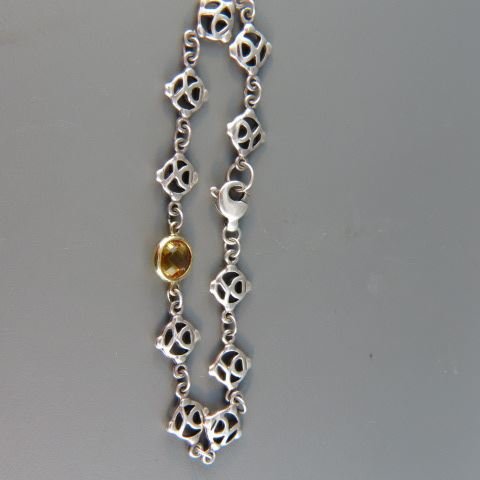 David Yurman Gold & Sterling Citrine Bracelet,: signed, fancy medallion links, 7 1/2".