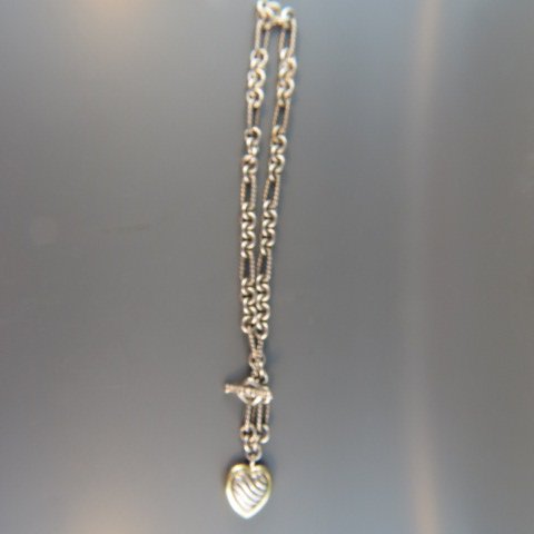 David Yurman Sterling Silver & 18k Gold Necklace,: circle and twisted rope links, toggle bar clasp, 18k gold & silver heart pendant, signed, 16" long, 53 grams, signed.