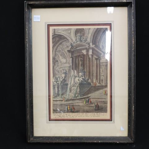 Piranesi, handcolored engraving,: "Fountain", 18th century, image area 16 1/2" X 10 1/2".