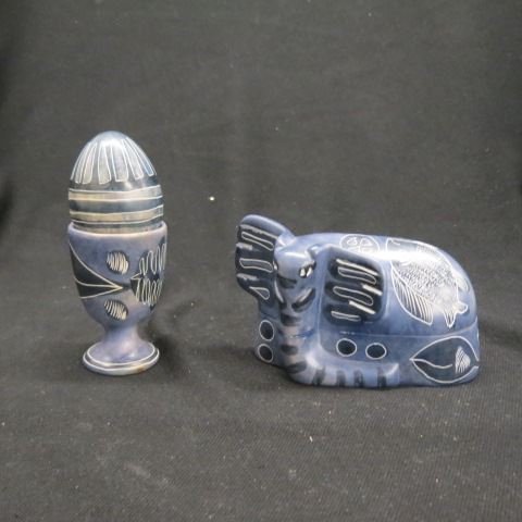 2 pieces of Pottery,: figural elephant box and egg with egg cup.