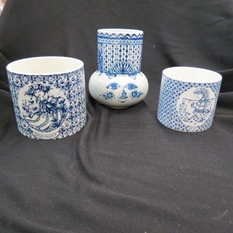 6 pcs. Bjorn Wiinblad Danish Pottery,: blue decoration, 5 open canisters and a vase, mid-century modern, tallest is 6 1/2"....Bjørn Wiinblad (20 September 1918 - 8 June 2006), was a Danish painter, designer and artist in ceramics, silver,