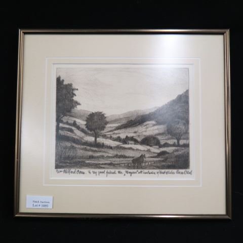 Oscar Bach, etching, "New Milford, Ct.": pasture land with horses, image area 8 1/2" X 7", personal inscription, signed, well listed artist....OSCAR BACH (1884-1957) tall.bach.photo Born in Breslau, Germany, Oscar Bruno Baksti studied painti