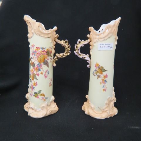 Pair of Royal Rudolstadt Porcelain Vases,: or ewers, handpainted floral, gold trim, circa 1890, 10 1/2", excellent.