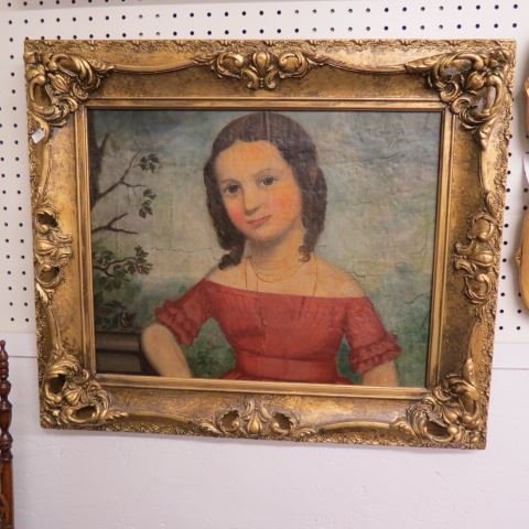 Early 19th Century Oil of a Young Girl,: wearing a gold chain, on canvas, restored, image area 20"x 15", in later Victorian fancy gilt frame.
