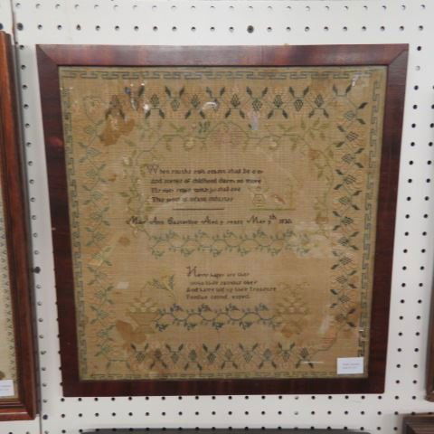 1830 Sampler by Mary Ann Casterline,: aged 9 with says "When you this soft season shall be over and scenes of childhood charm no more, my riper years with joy shall see this proof of infant industry" & "How happy are they who their savior