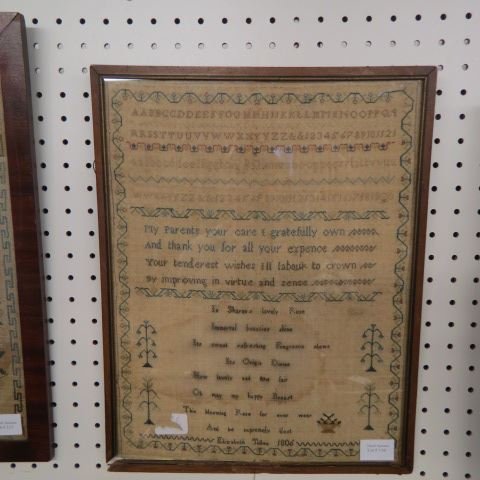 1806 Sampler, Elizabeth Tollee: alphabet, numerical & sayings, "In Sharons lovely rose Immortal beauties shine , Its sweet refreshing Fragrance, It's origin divine, how lovely and how fair, Oh may my happy breast the blooming rose f