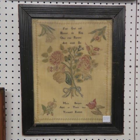 1827 Sampler,: floral & saying by Maria Burgess, aged 14, Yarmouth, Norfolk, "Fear God and Honour the King, Obey your parents and avoid sin", 12" x 16".
