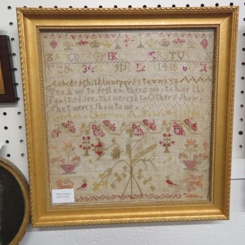 Early 19th Century Sampler,: pictorial, alphabet & numeral, with saying, image area 12" square.
