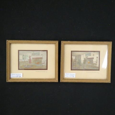 2 Wallace Nutting Miniature Prints,: interior scenes, each with lady by the fireplace, 2" x 3" image area, both signed.With a career of producing hand-tinted photographs of New England scenes distributed as prints, Wallace Nutting was wi