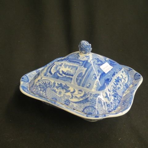 Copeland Spode "Italian" Covered Server,: blue & white, fancy finial, 9" square.