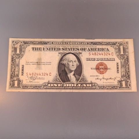 1935-A US $1.00 Hawaii Silver Certificate,: brown seal.A Hawaii overprint note is one of a series of banknotes (one Silver Certificate and three Federal Reserve Notes) issued during World War II as an emergency issue after the attack on Pearl H