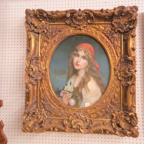 Decorative Oil Painting of Young Girl: with flowers, oval image area 19" x 83", in fancy gold frame.