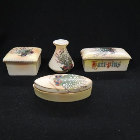 4 pcs Victorian Carlton China: Stoke on Trent, pin boxes and miniature vase, excellent