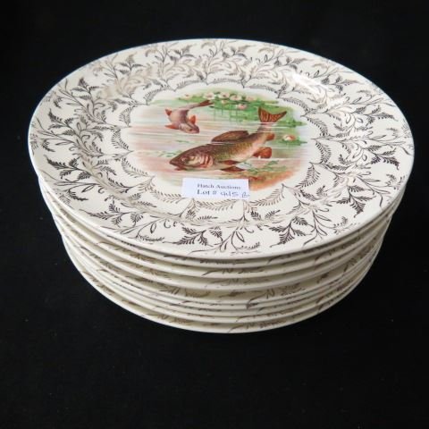 10 Taylor, Smith & Taylor Fish Plates,: fancy gold trim, 9 1/4", excellent.