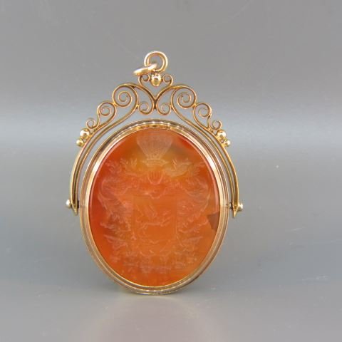 Victorian Gold & Carnelian Fob & Seal,: Royal monogram & crown with seal on the other side, swing model, test 14k rose color gold, approx. 2" long.